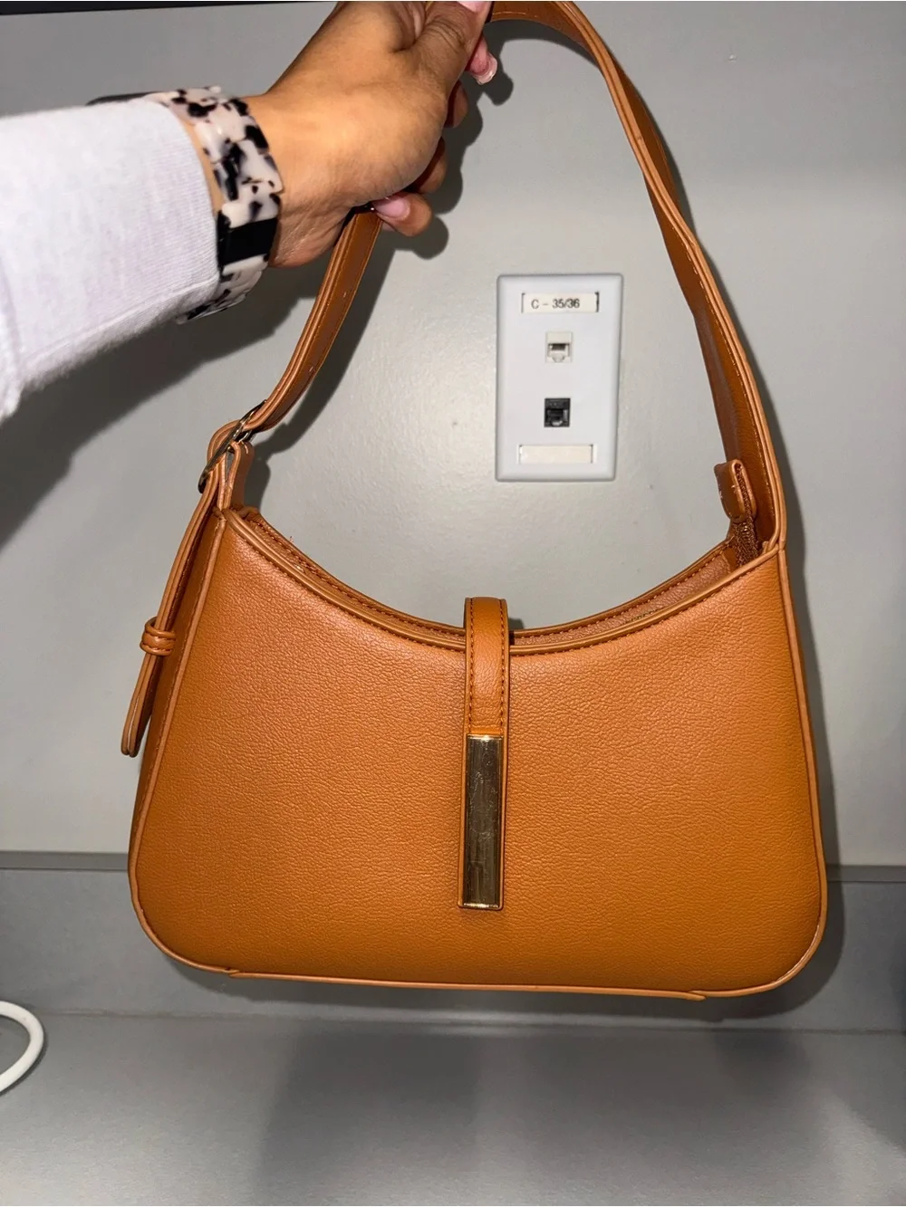 Classic Camel Shoulder Bag with Gold Accent